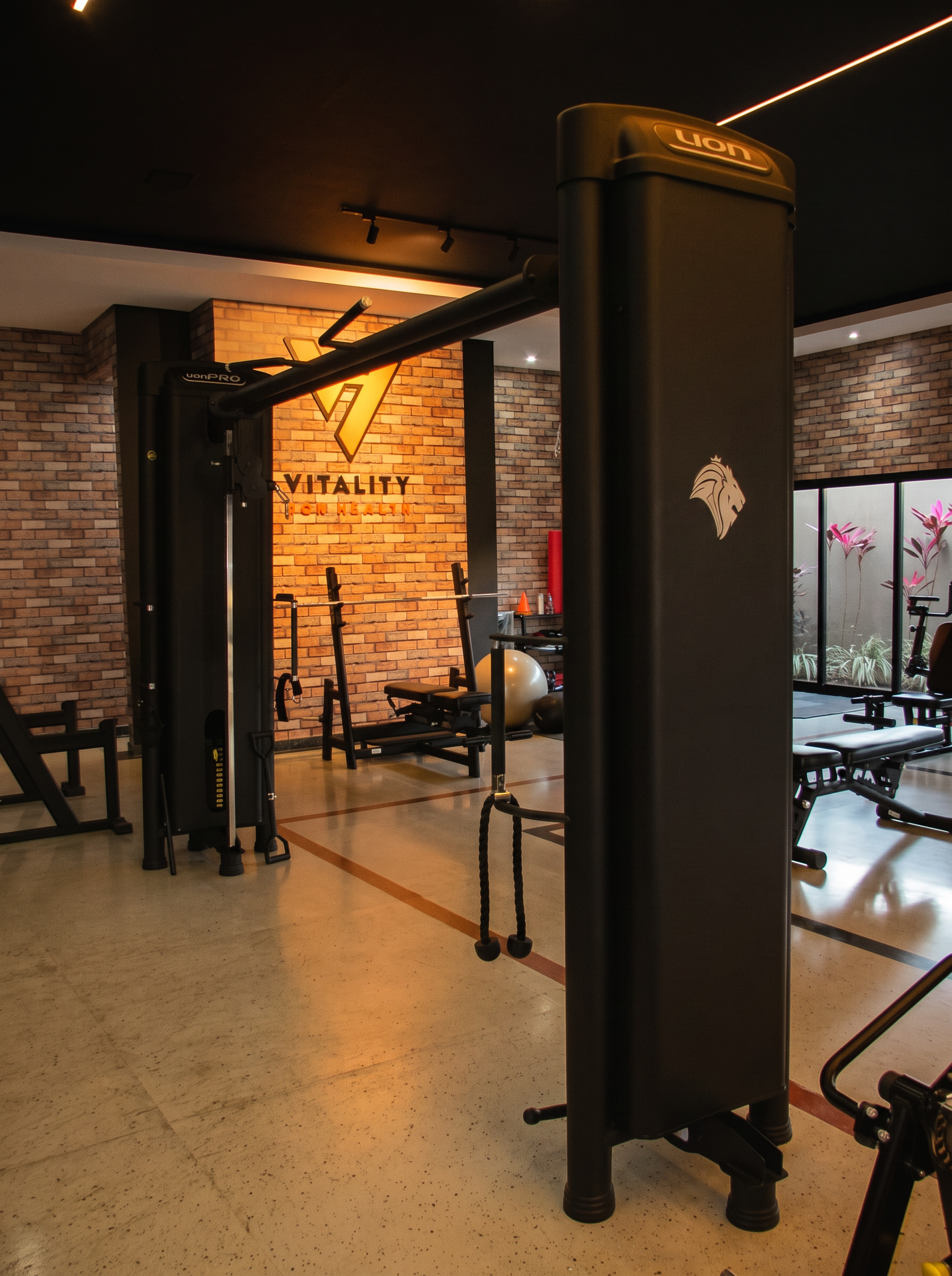 Área de treino do studio com estação de cabos e a parede da logo Vitality for Health iluminada