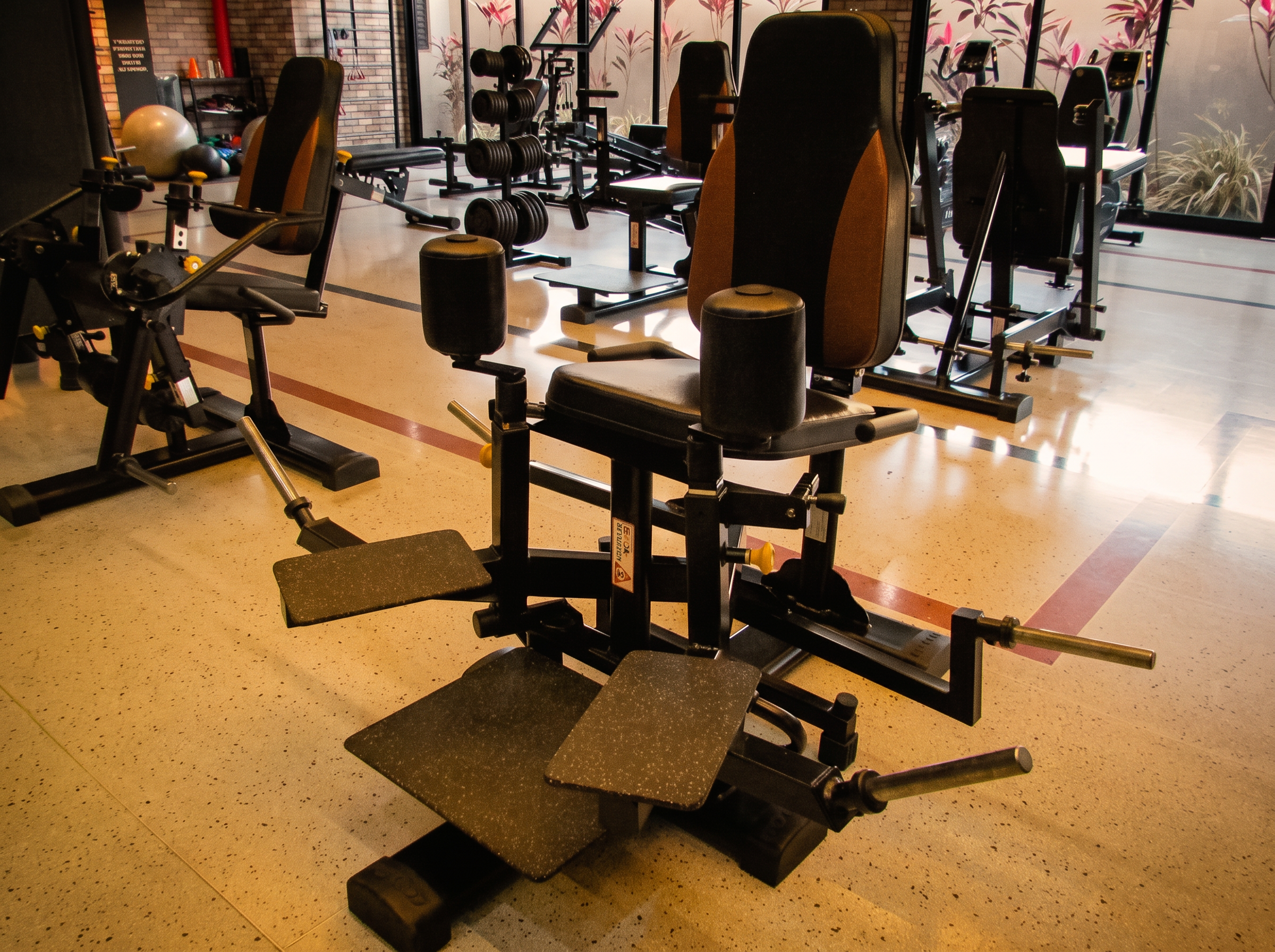 Aparelhos de musculação individuais alinhados no salão do studio